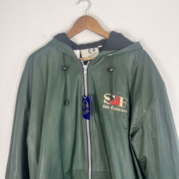 Vintage 90s Zip Up Raincoat San Francisco Embroidered Mens Fleece Lined Green M - Picture 4 of 12